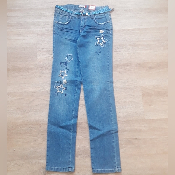 SO Star Patch Skinny Jeans with Braided Belt - Girl's Size 14 Embellished Jeans - Picture 7 of 12
